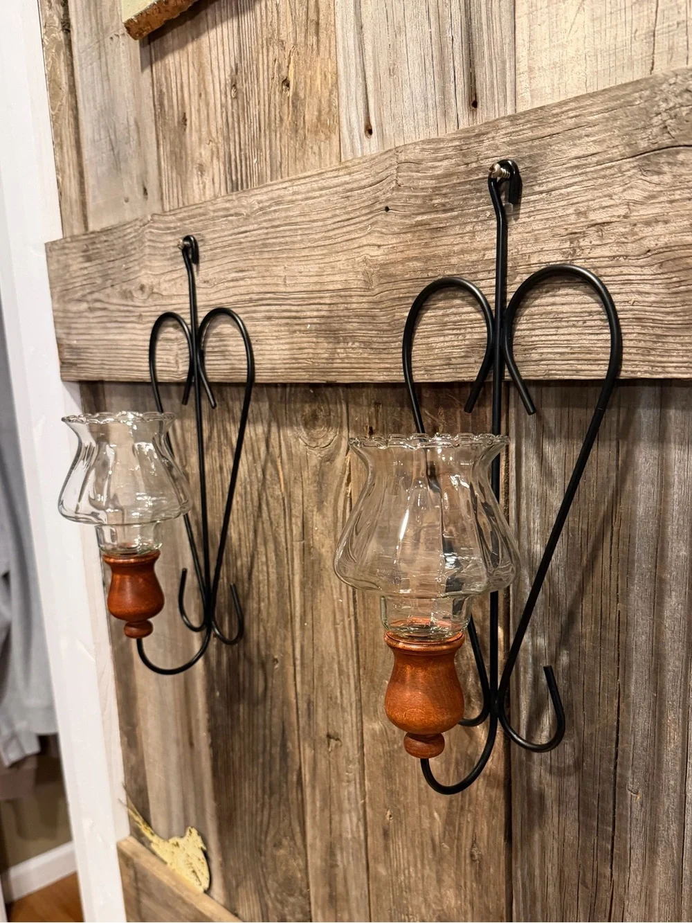 (2) Vintage Black Metal Heart and Wood Wall Sconce with Clear Glass Votive Cups